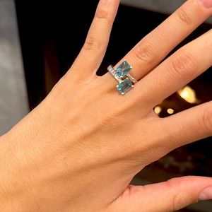 Silver and double blue stoned with accompanying replica diamond half band.